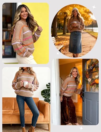 Image of QIBABU Womens Striped Sweaters Casual Lantern Sleeve Color Block Knit Pullover Sweater Tops