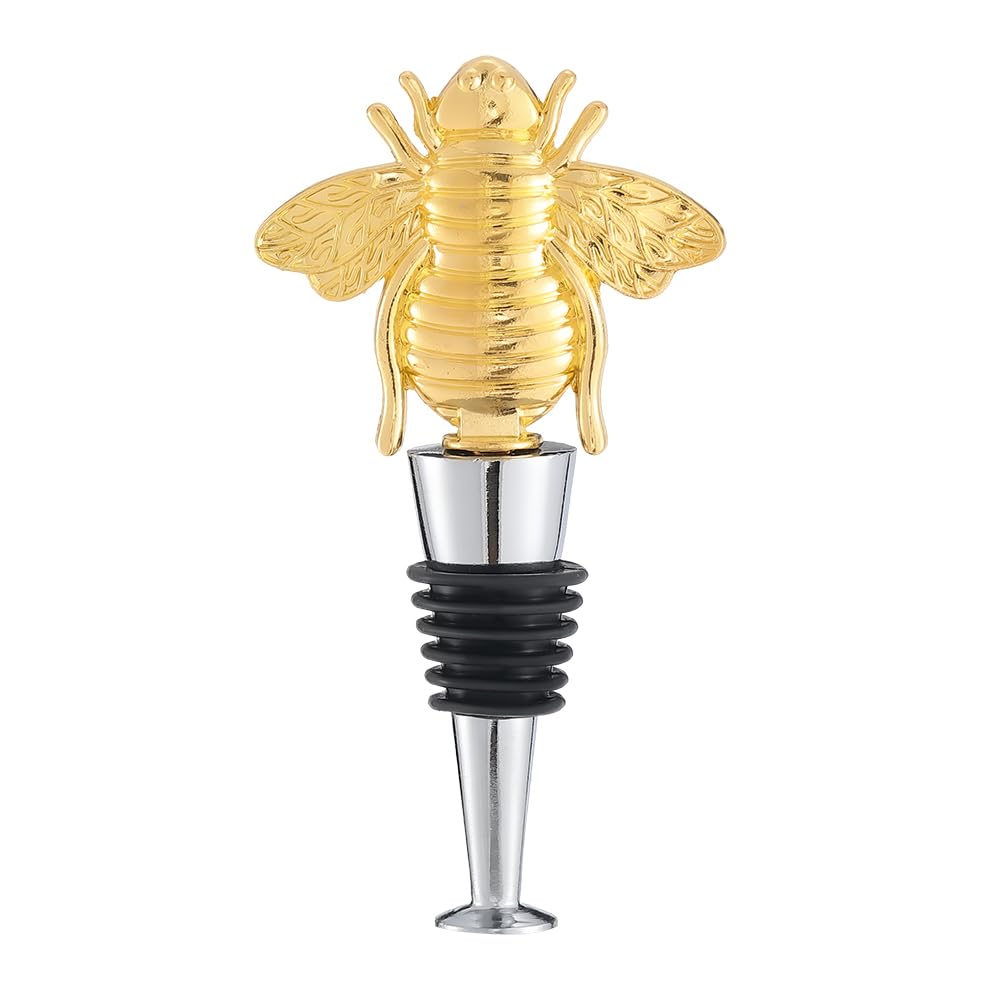 GORGECRAFT Honey Bee Wine Bottle Stopper Gold Metal Reusable Animal Champagne Winebottle Pump Decorative Toppers Silicone Cork for Holiday Housewarming Christmas Halloween Wedding Party