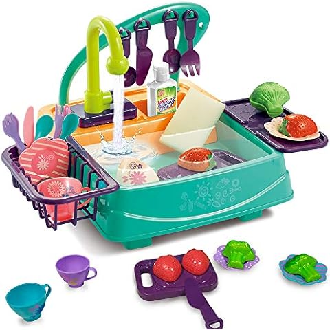 EARSOON Kitchen Sink Toys, Kitchen Sets Wash Up Cutting Vegetables Toys, Electric Dishwasher with Running Water Cycle System, Pretend Role Play Kitchen Toys for Boys Girls Cover