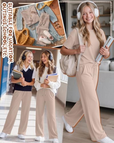 Image of Girls' 2 Piece Outfit Sets | Short Sleeve Shirts, Wide Leg Drawstring Pants with Pockets, Summer Matching Sweatsuit for 5-14y, Teen Back to School Clothes