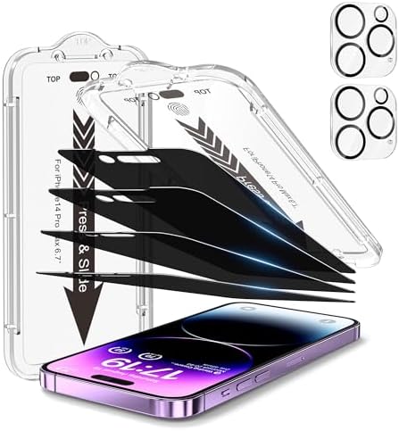 EZ-GLAZ iPhone 14 Pro Max Privacy Screen Protector with Auto Alignment Kit and Camera Lens Protector [Drop Protection] HD Tempered Glass Film