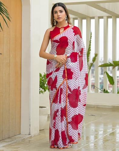 Image of SIRIL Women's Chiffon Printed Saree with Unstitched Blouse Piece