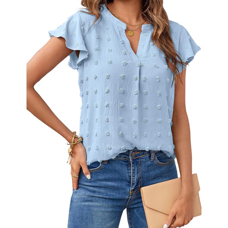 Women Summer V Neck Ruffle Sleeve Tops Flowy Swiss Dot Shirt Short Sleeve Blouse Blue