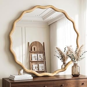 FICTOR Round Wood Wall Mirror, 36″ Boho Wavy Circle Mirror