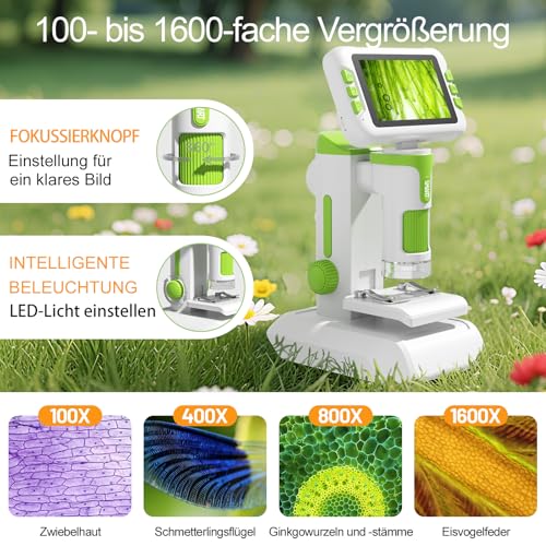 PYRODUM 4,0 IPS Digital Mikroskop 1600X, 1080P Tragbares Handmikroskop mit Foto- und Videoaufzeichnung, 32 GB Karte, LED-Licht, Objektträgerproben, Wiederaufladbar USB-Mikroskop für Kinder/Erwachsene