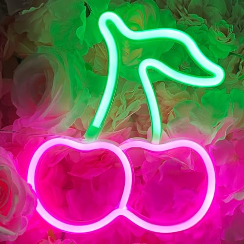 Image of HOHOSIGN Cherry Neon Sign Lights LED Lamp Cherry Decor Birthday Party Decorations, Pink Green Accessories for Women Fruit Gifts, USB /Battery Operated Neon Sign for Wall Decor Room Home Girls Bedroom