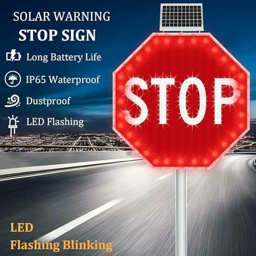 Solar Powered LED Stop Sign, Flashing Traffic Signal, Durable Aluminum Reflective Metal, 3M Engineer Grade Reflective Film for Enhanced Visibility, Outdoor Safety Sign