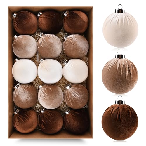 Brown Velvet Christmas Tree Ornaments - 15pcs Shatterproof Christmas Balls for Xmas Trees Decorations - Multicolor Brown Neutral Beige 80mm 3.15inch