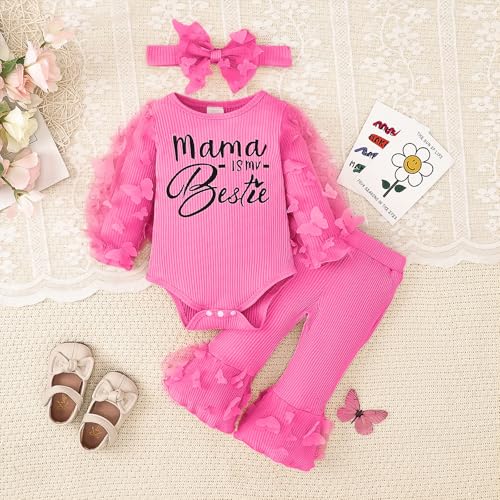 Baby Girl Clothes Newborn Outfits 3D Butterfly Long Sleeve Romper Flare Pants with Bow Headband Set 0-18 Months2