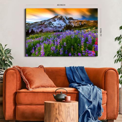 Image of Nature Flowers Landscape Wall Art Mountain Canvas Artwork Purple Floral Picture Wall Decor, Modern Wilderness Scenic Framed Painting for Living Room Bedroom Bathroom Office Home Decoration 32x48 inch