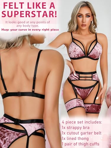 Image of popiv Women's Sexy Lingerie Set with Garter Belt Matching Bra and Panty Lingeries Sets 4 Piece