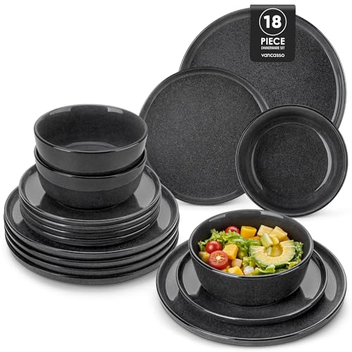 vancasso ANYA Dinner Set, 18 Piece Dinner Plates Set of 6, Include Ceramic Dinner Plates, Dessert Plates, and Cereal Bowls, Dishwasher and Microwave Safe, Grey