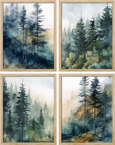 SIGNWIN Framed Poster Green & Teal Watercolor Forest Pine Trees