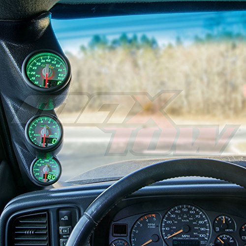 Maxtow Diesel Gauge Package Compatible With Chevrolet Chevy Silverado Duramax 2500 3500 2000-2006 - White & Green 60 Psi Boost, 1500F Egt & Transmission Temp Gauges - Graphite Triple Pillar Pod #TOP1