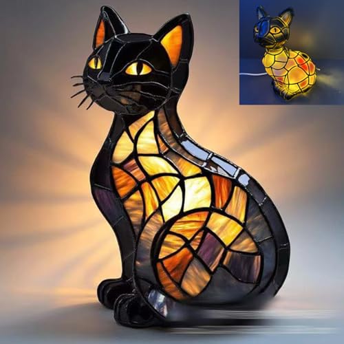 Yinhamnl Cat Lamp, Cats Series Art Night Light, Retro Stained Resin Tabletop Night Light, 3D Cute Pet LED Table Lamps, Fun Gift for Cats Lover (B)