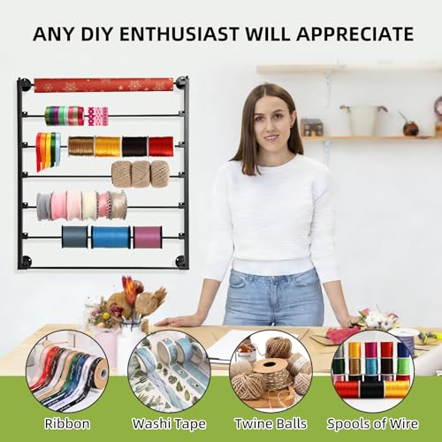 Image of 7 Tier Wall Mounted Ribbon Storage Organizer Rack, Metal Ribbon Holder for Craft Room Flower Store, Ideal for Wrapping Paper Scarf Tie Belt Towel - Black