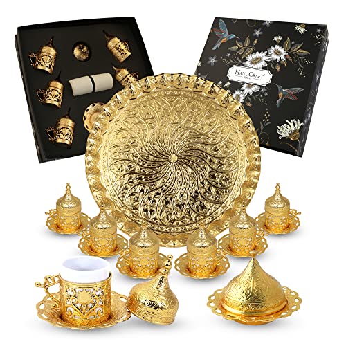 Handcraft Ideas 27-Piece Turkish Coffee, Espresso and Tea Set - Handmade Zamak Serving Set for 6 Includes Cups, Saucers, Sugar Bowl and Tray - Premium Zamak Construction - Gold -(CS6-208)