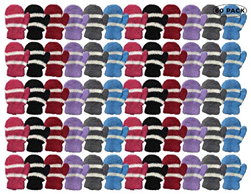 Yacht & Smith 60 Pack of Kids Fuzzy Mittens Warm Soft Mitten Toddlers Children Bulk AGE 3-8 (Stripe (Assorted)2