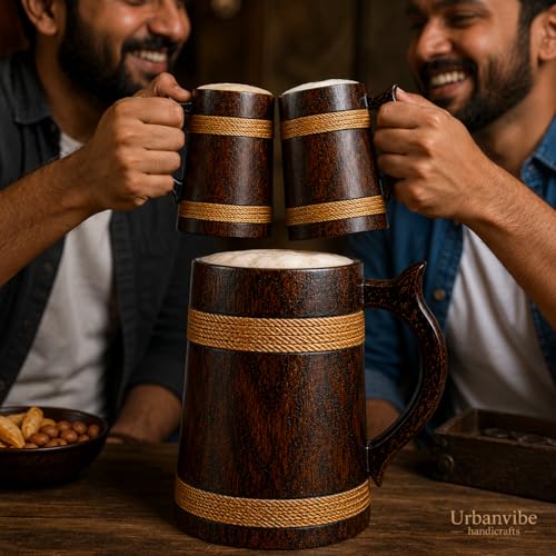 Image of Wooden Beer Bar Combo Set | Barrel Shaped Jumbo Mug | 2 Small Beer Mug 300ML (5 x 4 inches Each) & 1 Large Beer Jug 750ML (Plain Design)