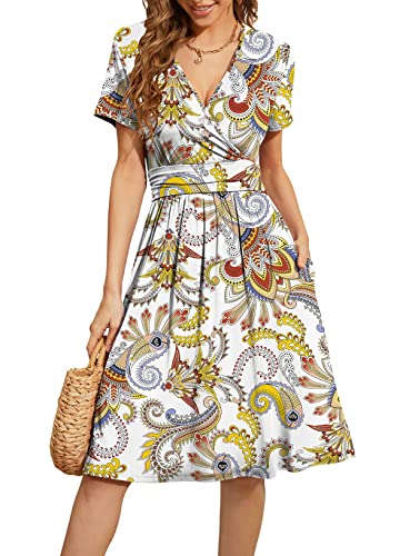 Image of WEACZZY Women's Summer Short Sleeve Casual Dresses V-Neck Floral Party Dress with Pockets