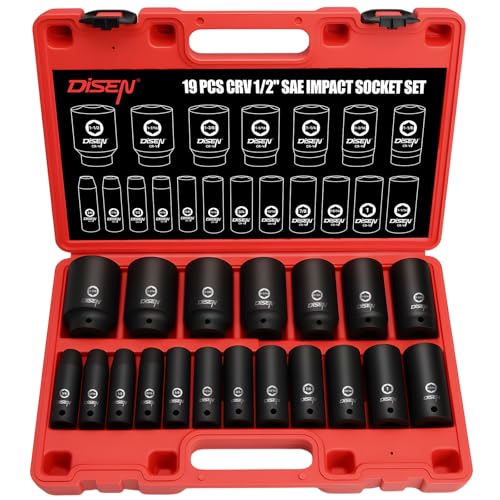 DISEN 19Pcs 1/2" SAE Impact Socket Set, Deep Sockets 3/8"- 1-1/2", 6-Point Cr-V & Alloy Steel, 1/2 Inches Drive Impact Socket Set,Rugged Construction, Enhanced Storage Case