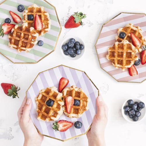 Image of Party Paper Plates, 50-Pack 9-Inch Bulk Disposable Decorative Paper Plates with Gold Decagon Trim, 6 Assorted Colors for Tea Party, Easter, Garden Party, and Bridal Showers, Gilded Pastel Stripeworks