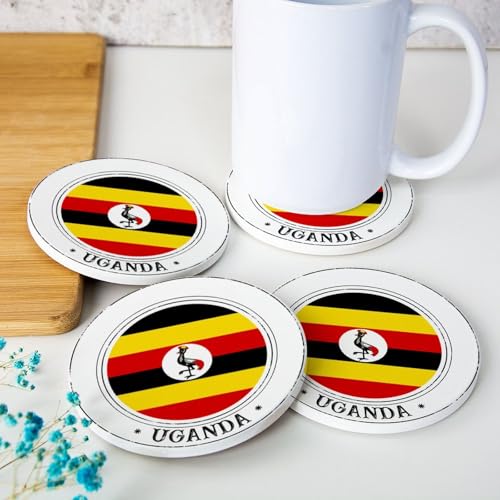 Lot de 4 sous-verres ronds en céramique avec drapeau de l'Ouganda - Absorbants - Pour décoration de cuisine, table basse