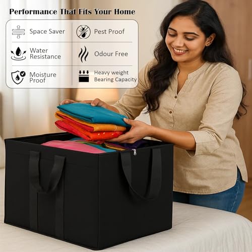 Image of JD FRESH 85 Liters 1 Pc Nylon Storage Bag for Clothes /Moisture Proof Clothes Storage Bags with Zipper & Handle /Multi-Purpose Underbed Storage Bag /Storage Organizer for Blanket /Bedsheet /Toy - (Black)