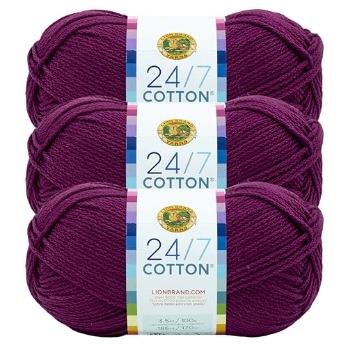 Image of Lion Brand 24 /7 Cotton Yarn, Yarn for Knitting, Crocheting, and Crafts, Beets, 3 Pack | Light Worsted 100% Mercerized Cotton Yarn for Crochet, Knitting, Craft, 185 Yards of Natural Fiber for Tees, Bags, Dishcloths