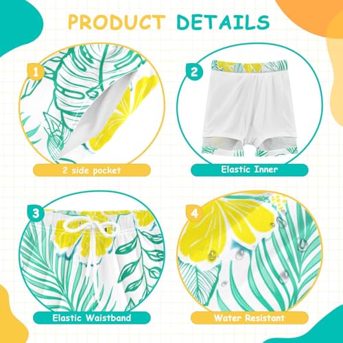 Boy Swim Trunks with Compression Liner Yellow Hibiscus Palms Boys Swim Shorts Quick Dry Beach Shorts4