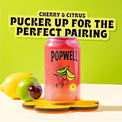 Image of Popwell Cherry Citrus Better-For-You Prebiotic Soda, with 6g Fiber, 1g Sugar, Vitamins and Immunity Support, 12 fl oz Cans (pack of 12)