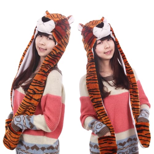Image of Women Winter Warm Hat Scarf Gloves Set 3-in-1 Plush Cartoon Animal Hooded Hat Earflap Beanie for Outdoor cold days