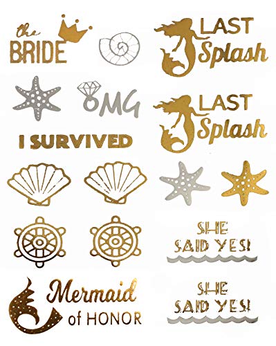 Bachelorettesy Bride To Be Gold Metallic Temporary Tattoos 100+ Designs Mermaid, Seashell, Beach, Tropical For Engagement & Bachelorette Party - Waterproof Nontoxic Lasting #TOP6