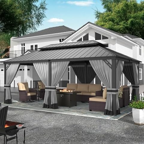 Knnbxa 12' x 20' Hardtop Gazebo，Galvanized Steel Double Roof Gazebo with Netting and Curtains,Outdoor Metal Pergolas Aluminum Frame for Patio, Deck, Lawns,Grey Cover