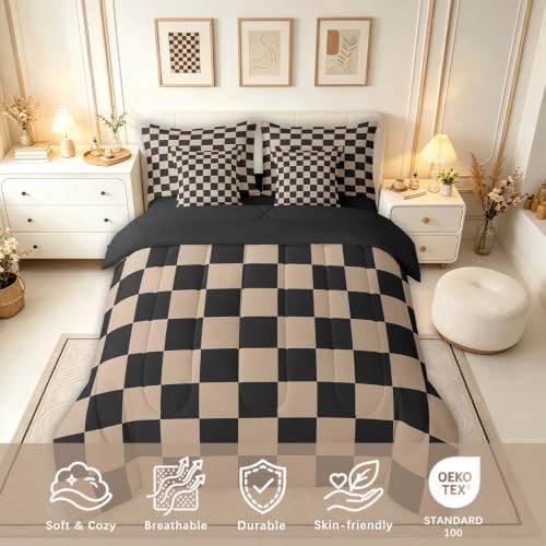 Image of Feelyou Checkered Retro Comforter Set with Sheets 7 Piece King Size Brown Plaid Bed in a Bag Kids Boys Girls Geometric Vintage Bedding Set Modern Simple Groovy Aesthetic Bedroom Decor Breathable Soft