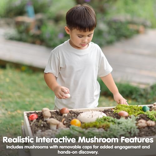 Image of PlanToys Wooden Play & Pick Mushrooms Toy Kids Garden Learning Playset | wooden mushroom play pick set, montessori imaginative sensory, fine motor coordination, color sorting, garden pretend, kids