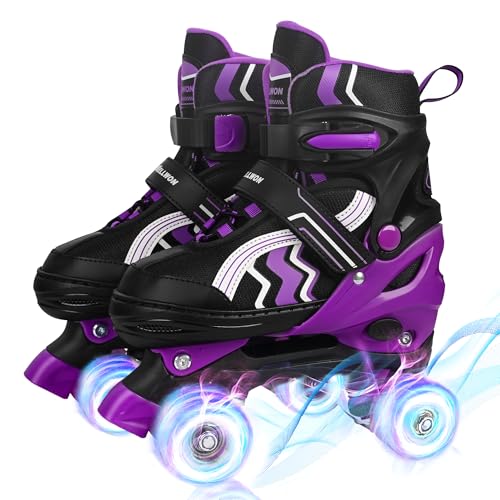 Roller Skates for Kids, Adjustable Quad Skates for Youth Teen Age 12-14 with Light Up Wheels, Children Beginners Rollerskates for Indoor Outdoor Spots
