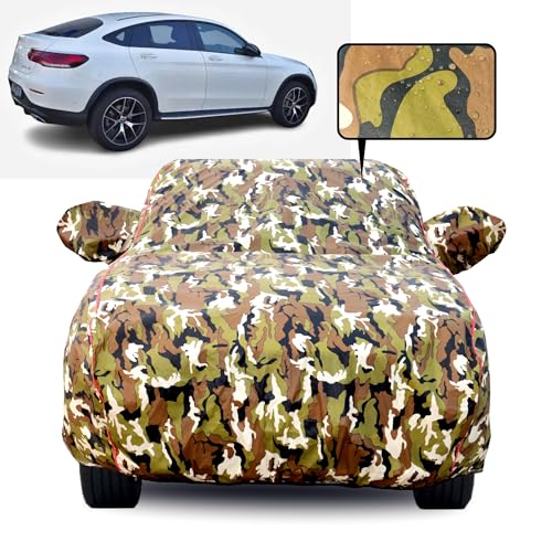 Image of Waterproof Car Body Cover for Mercedes GLC 200 with Mirror Pocket, Soft Cotton Lining, Triple Stitched, Full Bottom Elastic (Heat Resistant Jungle Print with Red Piping)