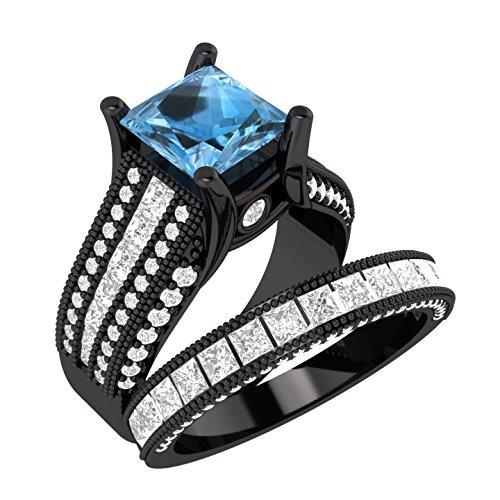 Dividiamonds 2pcs Wedding Ring Set Engagement Ring Black Rhodium Plated Princess Cut Blue Topaz & CZ (10)