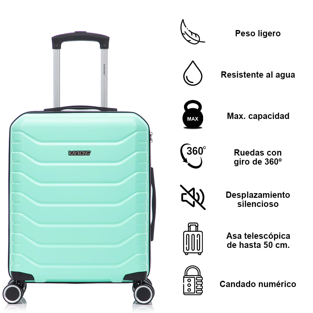 RAYKONG Maleta de Cabina 55x40x20cm Policarbonato (40L) semirígida Trolley pequeño Equipaje de Mano 4 Ruedas giratorios a 360º Cierre numérico (Menta)