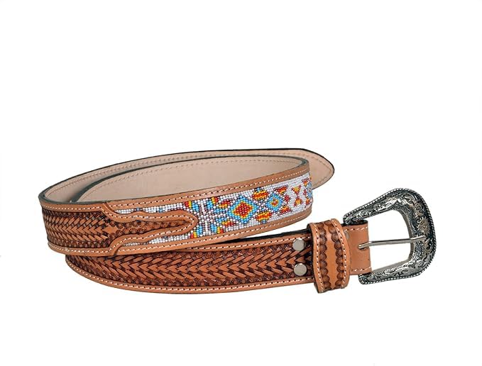 Beaded Leather Belt Handmade Men's Quality Thick Durable Wax Colorful Designs Cowboy Western Style Alloy Classic Fitted Casual Formal Wear in Pant Trouser Jeans Size: Waist 31-34in - Length 39in2