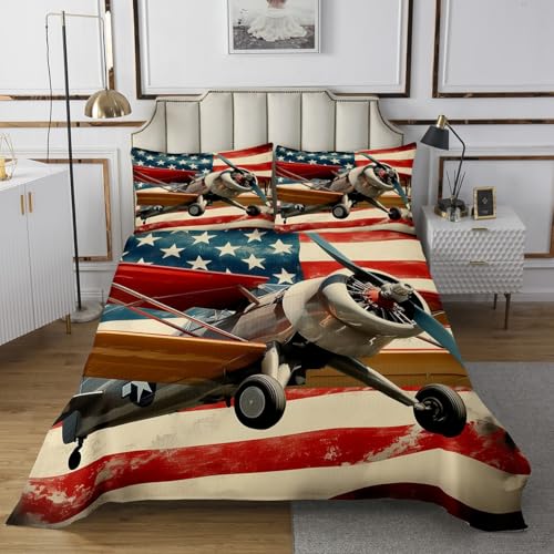 Vintage Aircraft Bedspread Queen Size American Flag Print Coverlet Set Kids Room Present Retro War Army Airplane Bedroom Decor Bedding Set Geometric Star Stripes Bedding with 2 Pillowcases