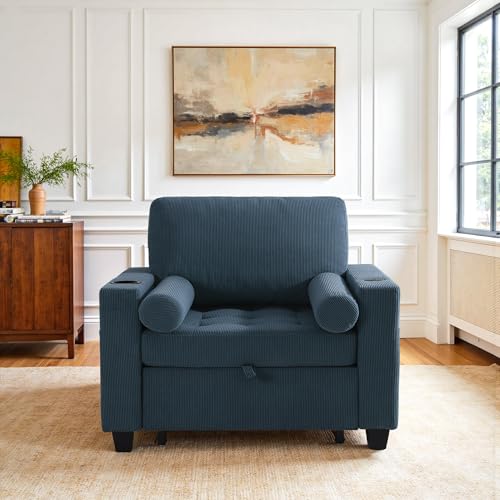 Image of 3-in-1 Sleeper Chair Pull Out Sofa Bed, Convertible Reclining Seat Upholstered Armchair, Adjustable Backrest Recliner Chair - Navy Blue