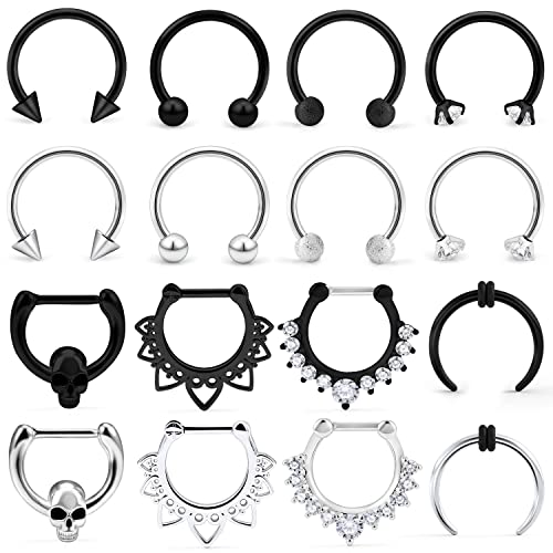 Hoeudjo Septum Clicker Rings 16G Surgical Steel Nose Hoop Rings Retainer Body Piercing Jewelry with Clear CZ Women Men U & D Shaped Daith Helix Tragus Lip Cartilage Earrings 8 Pieces