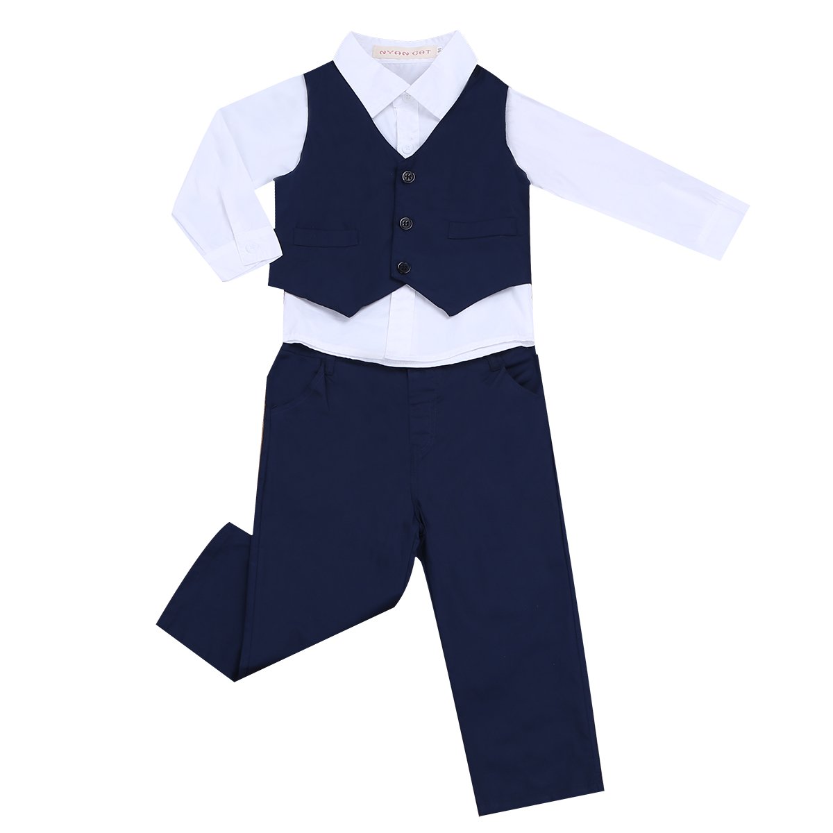 Agoky Kids Baby Boys 3 Pieces Gentleman Wedding Tuxedo Suit Long Sleeves Shirt Pants Vest Outfits Set Navy Blue+White 2-3
