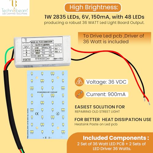 Image of Technobeam 36W LED Plate with Driver for Street Light Repair | Aluminum PCB 1.5mm | 6V 150mA LED Segments | 36V 900mA Driver Included | Durable | Ideal for Street Light Refurbishment, White, Pack of 2
