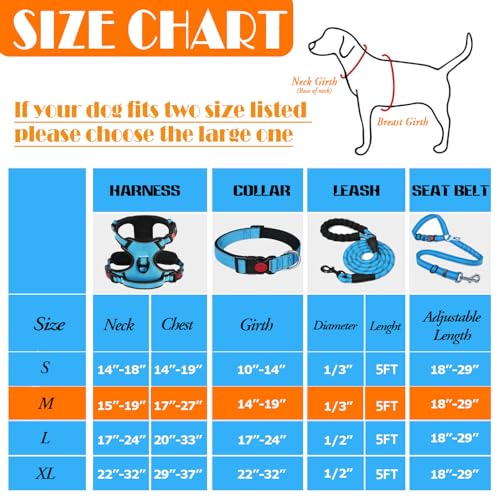 LOBEVE No Pull Dog Harness, Collar & Leash Set with Retractable Dog Seat Belt, Collapsible Dog Bowls and Poop Bag Dispenser - Ideal for Training, Walking, Hiking - Fits Small to Large Dogs(Blue-M)