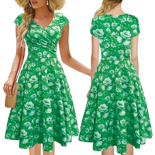 Vestidos Casuales Mujer, Vestido Estampado Floral Manga Corta de Verano, Cuello en V Vestido Elegante Bohemio de Playa, Clásico Retro Primavera Verano Diaria Fiesta Formal (Verde)-XL - imagen 2