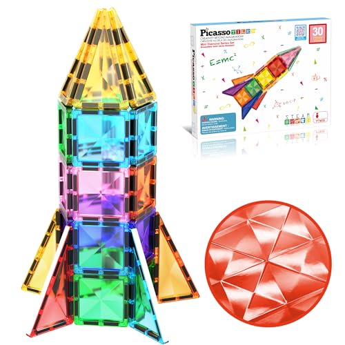 Image of PicassoTiles 30 PCs Magnetic Tiles Travel Size Mini Version Building Block Construction Set for Kids Great Gift Ages 3+ Boys & Girls Preschool Kindergarten Montessori Playing Toys Stacking Fun PTM30