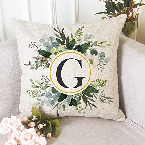 Snycler Monogram Letter G Throw Pillow Covers Floral 18X18 Inch, Greenery Spring Pillows Decorative Throw Pillows Pillowcase Summer Farmhouse Decor For Couch Sofa, Family Last Name Initial Pillow Case #TOP5
